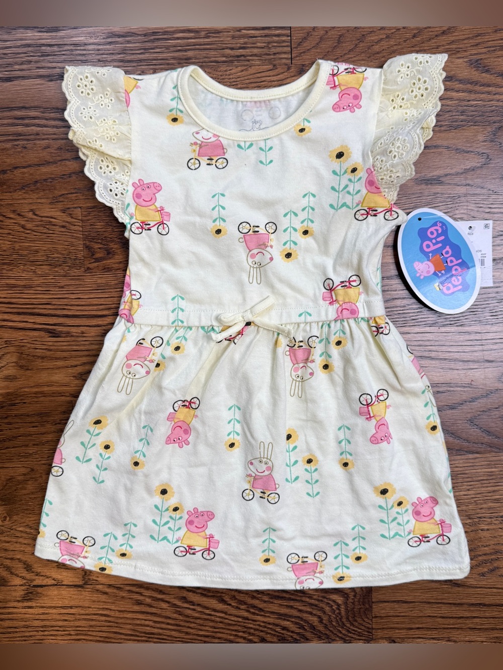 NWT Peppa Pig Girl’s Yellow Floral Eyelet Flutter Sleeve Casual Dress Size 3T